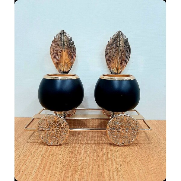 Metallic Vintage Candle Holders with Golden Feathers
